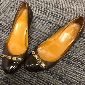 Cole Haan chocolate brown wedges w gold hardware
